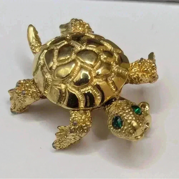 Monet Jewelry - Monet Gold Turtle Brooch with Green Gem Eyes